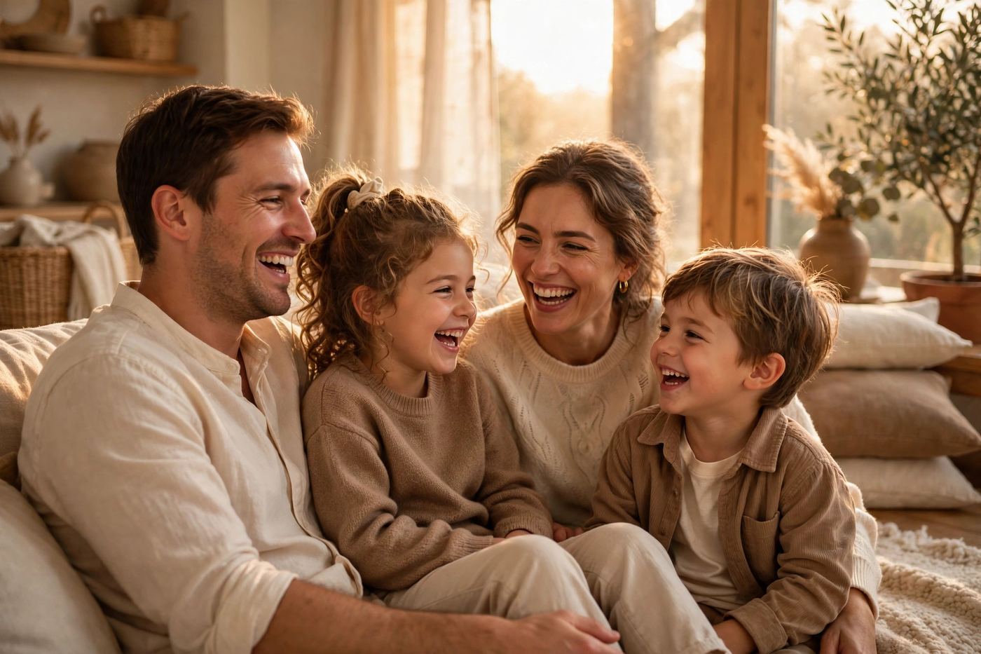 A happy family laughing together in warm sunlight
